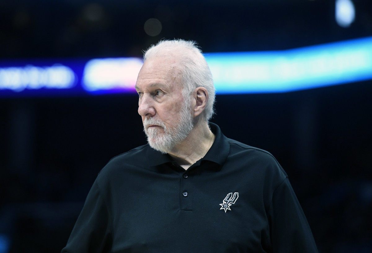 Jan 19, 2024; Charlotte, North Carolina, USA; San Antonio Spurs head coach Gregg Popovich during the second half against the Charlotte Hornets at the Spectrum Center.